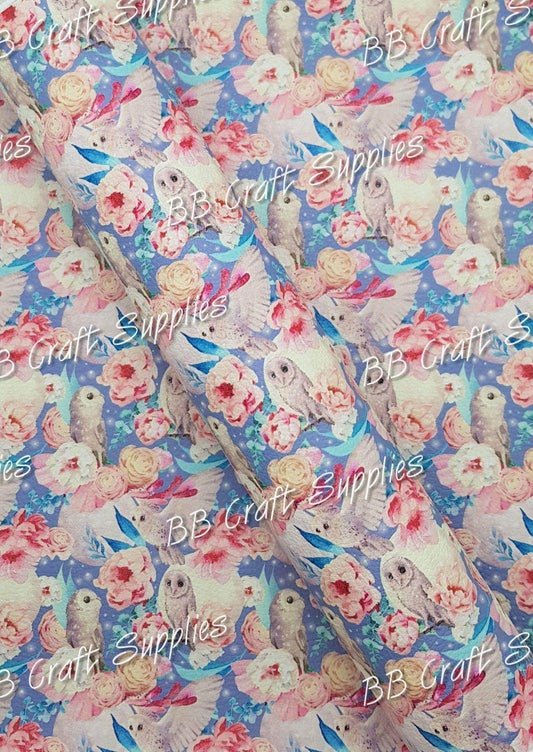 The Flower Owl Goddess Litchi - Faux, Faux Leather, flower, Leather, leatherette, Litchi, magical, mythical, owl, snowy, The Flower Owl Goddess, white owl - Bare Butler Faux Leather Supplies 