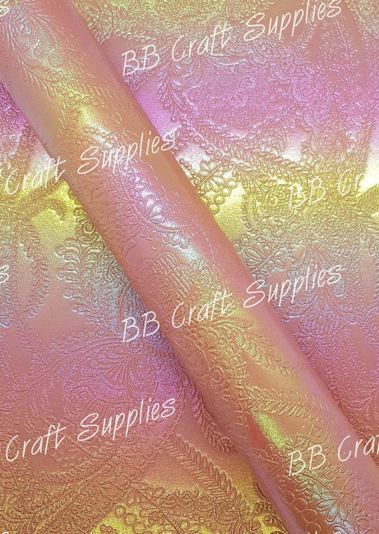 Vintage Embossed Lace Pink Ombre Metallic - Embossed, Faux, Faux Leather, Lace, Leather, leatherette, Vintage - Bare Butler Faux Leather Supplies 