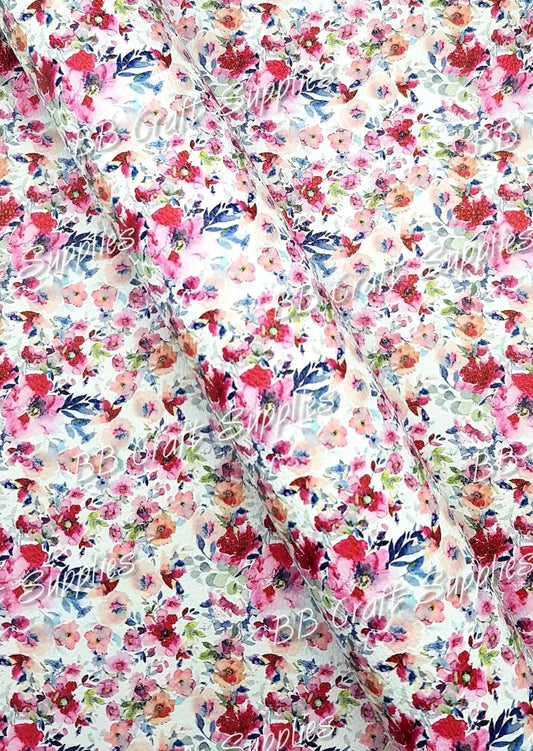 Watercolour Florals Litchi - Faux, Faux Leather, Flora, floral, Florals, flower, Flowers, Leather, leatherette, Litchi, water colour - Bare Butler Faux Leather Supplies 